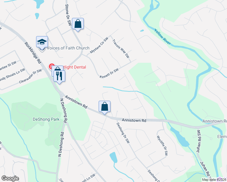 map of restaurants, bars, coffee shops, grocery stores, and more near 2787 Cherokee Cove Southwest in Stone Mountain