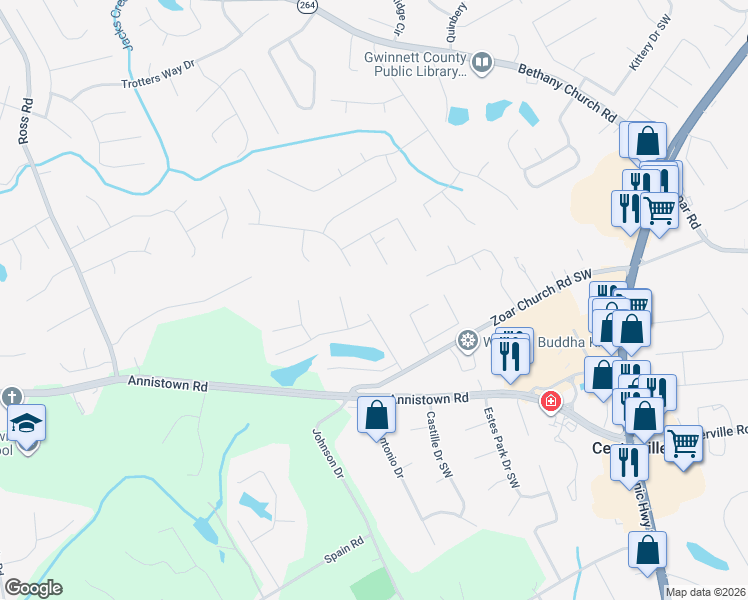 map of restaurants, bars, coffee shops, grocery stores, and more near 3246 Zoar Church Lane in Snellville