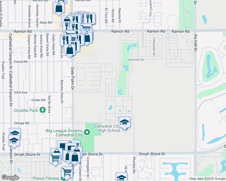 map of restaurants, bars, coffee shops, grocery stores, and more near 69411 Ramon Road in Cathedral City