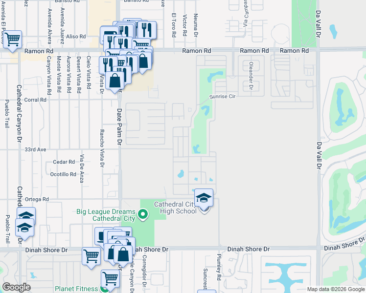 map of restaurants, bars, coffee shops, grocery stores, and more near Fig Dr in Cathedral City