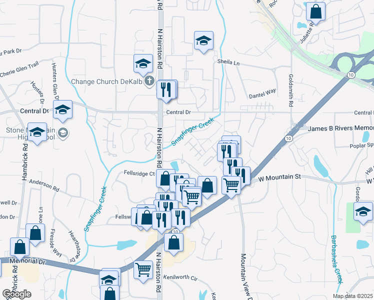 map of restaurants, bars, coffee shops, grocery stores, and more near 1062 Thorn Woode Lane in Stone Mountain