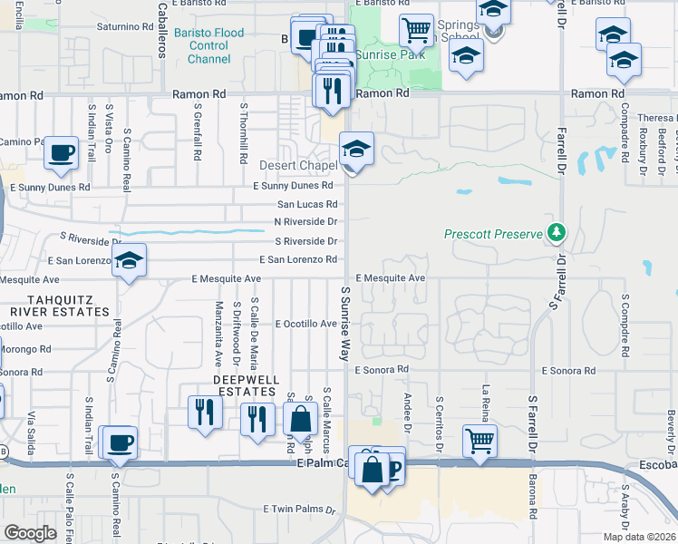 map of restaurants, bars, coffee shops, grocery stores, and more near 1000 South Cll Marcus in Palm Springs