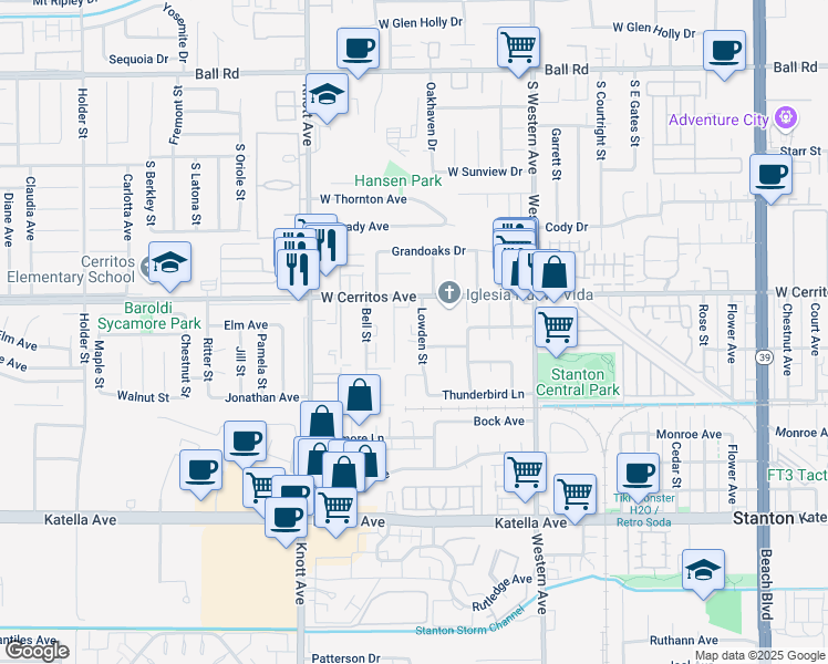 map of restaurants, bars, coffee shops, grocery stores, and more near 10603 Lowden Street in Stanton
