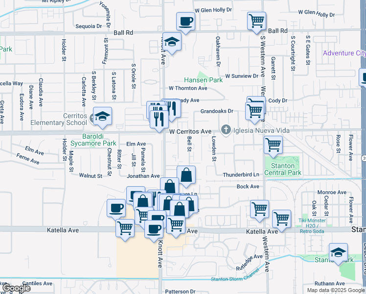 map of restaurants, bars, coffee shops, grocery stores, and more near 10600 Knott Avenue in Stanton