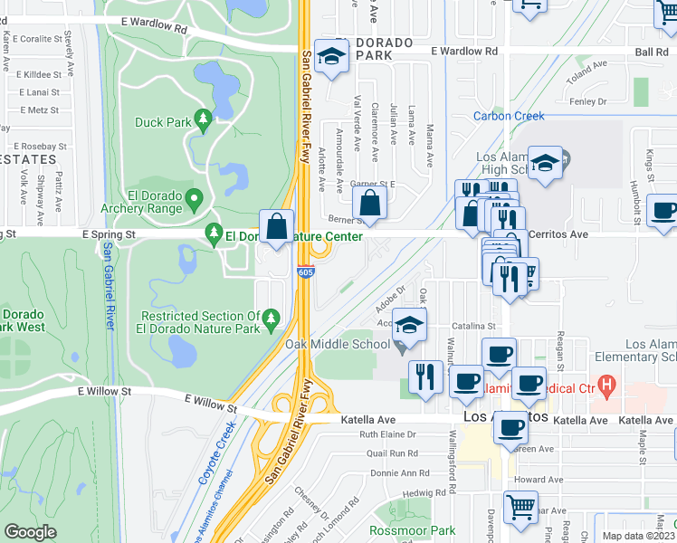map of restaurants, bars, coffee shops, grocery stores, and more near 7890 East Spring Street in Long Beach