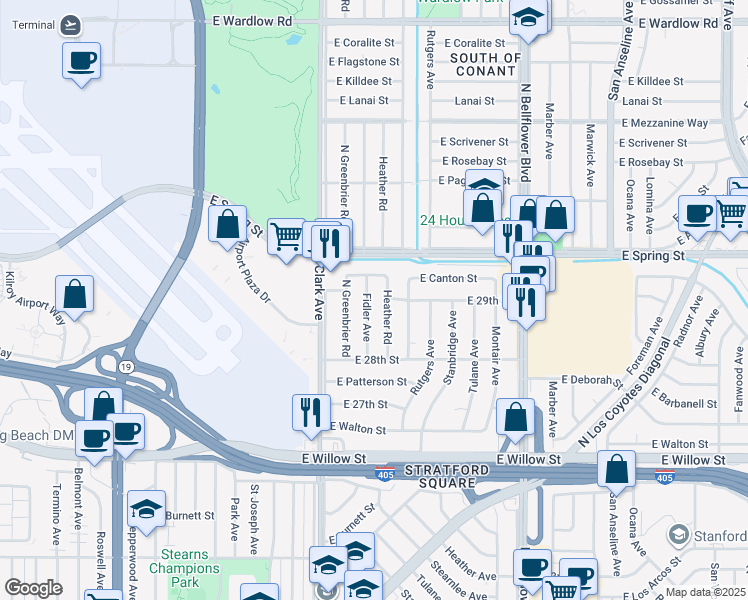 map of restaurants, bars, coffee shops, grocery stores, and more near 2868 Heather Road in Long Beach