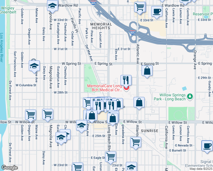map of restaurants, bars, coffee shops, grocery stores, and more near 2812 Long Beach Boulevard in Long Beach