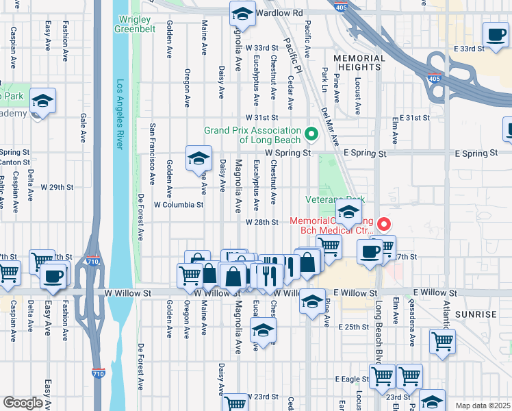 map of restaurants, bars, coffee shops, grocery stores, and more near 2824 Eucalyptus Avenue in Long Beach