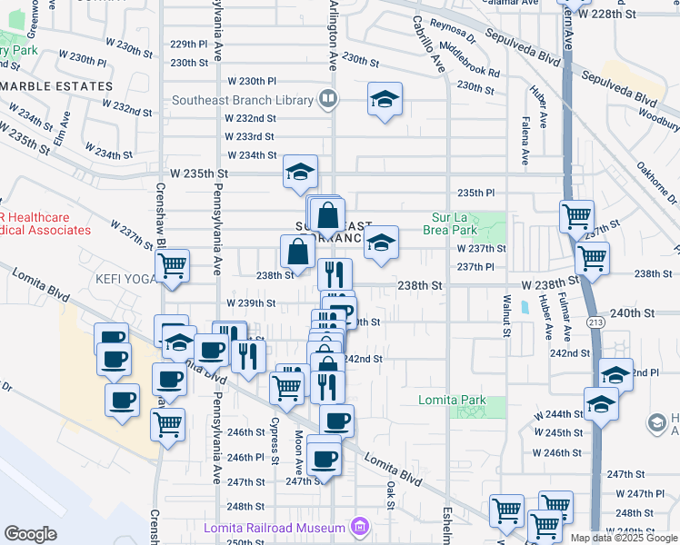 map of restaurants, bars, coffee shops, grocery stores, and more near 23751 Narbonne Avenue in Torrance
