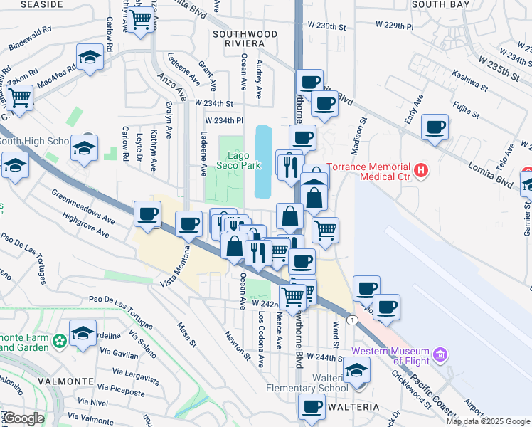 map of restaurants, bars, coffee shops, grocery stores, and more near 23814 Audrey Avenue in Torrance
