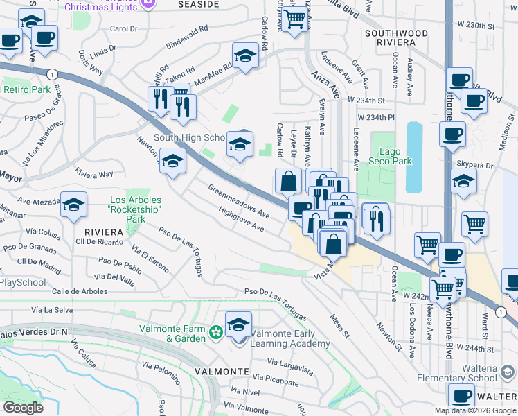 map of restaurants, bars, coffee shops, grocery stores, and more near 4527 Highgrove Avenue in Torrance
