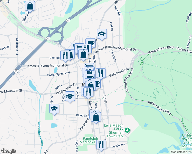 map of restaurants, bars, coffee shops, grocery stores, and more near in Stone Mountain