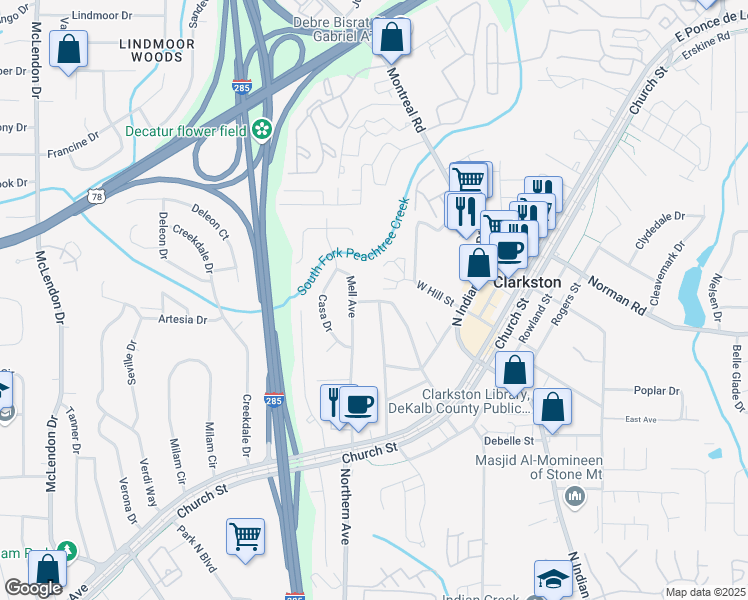 map of restaurants, bars, coffee shops, grocery stores, and more near 1019 Pecan Street in Clarkston