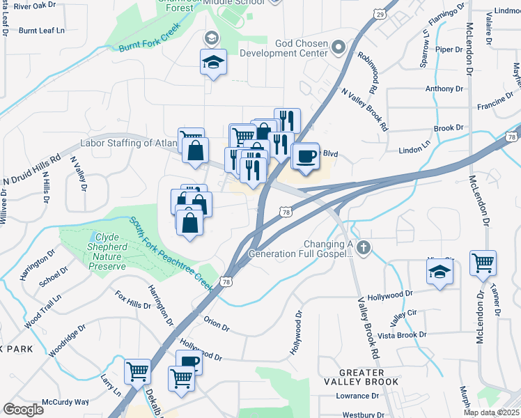 map of restaurants, bars, coffee shops, grocery stores, and more near 2050 Lawrenceville Highway in Decatur