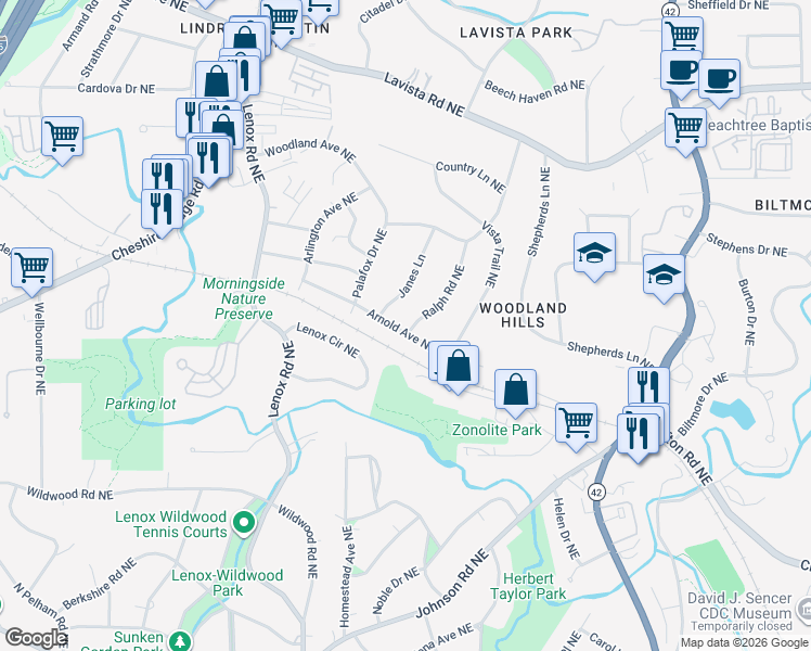 map of restaurants, bars, coffee shops, grocery stores, and more near 1038 Ralph Road Northeast in Atlanta