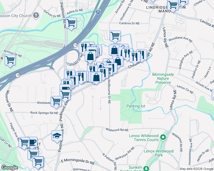 map of restaurants, bars, coffee shops, grocery stores, and more near 1969 Wellbourne Drive Northeast in Atlanta