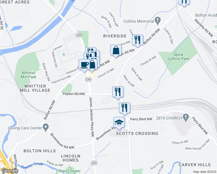 map of restaurants, bars, coffee shops, grocery stores, and more near 2632 Oakdale Street Northwest in Atlanta