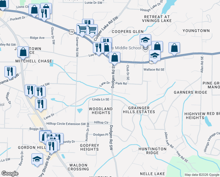 map of restaurants, bars, coffee shops, grocery stores, and more near 5956 Dodgen Road Southwest in Mableton