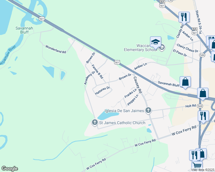 map of restaurants, bars, coffee shops, grocery stores, and more near 100 Hatteras Drive in Conway