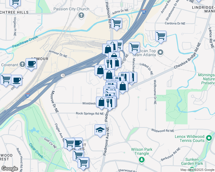 map of restaurants, bars, coffee shops, grocery stores, and more near 1915 Piedmont Circle Northeast in Atlanta