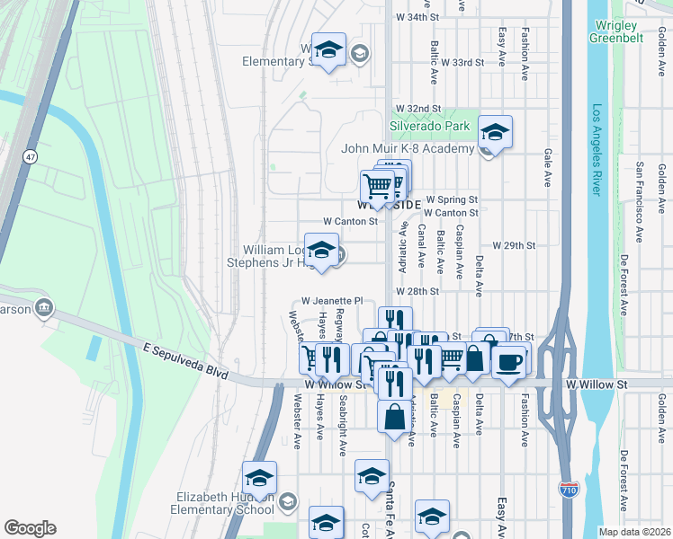 map of restaurants, bars, coffee shops, grocery stores, and more near 1830 West Columbia Street in Long Beach