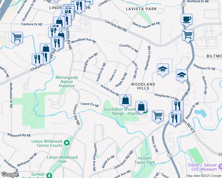 map of restaurants, bars, coffee shops, grocery stores, and more near 1038 Ralph Road Northeast in Atlanta