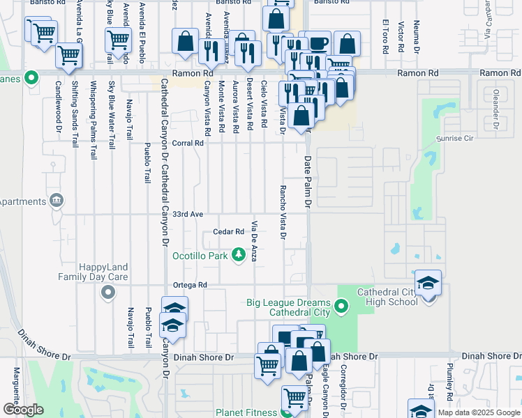 map of restaurants, bars, coffee shops, grocery stores, and more near 32945 Cielo Vista Road in Cathedral City