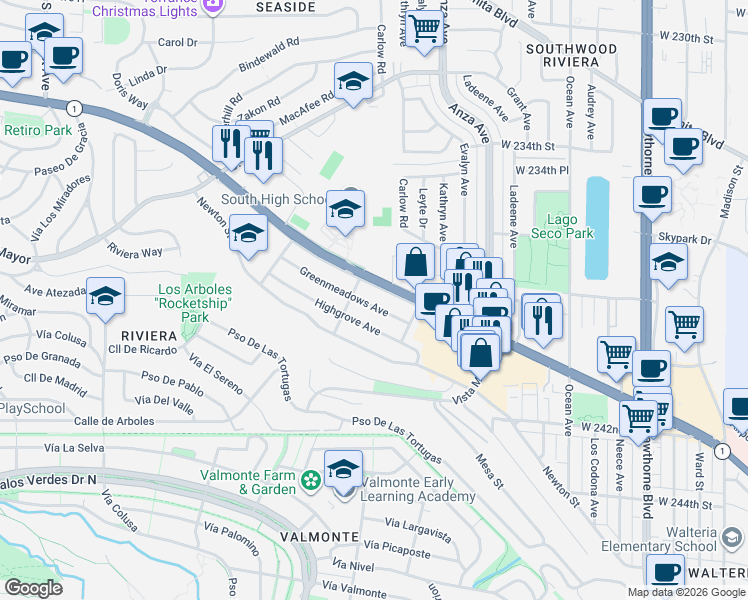 map of restaurants, bars, coffee shops, grocery stores, and more near 4515 Greenmeadows Avenue in Torrance