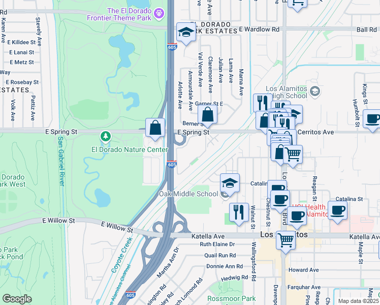 map of restaurants, bars, coffee shops, grocery stores, and more near 7890 East Spring Street in Long Beach