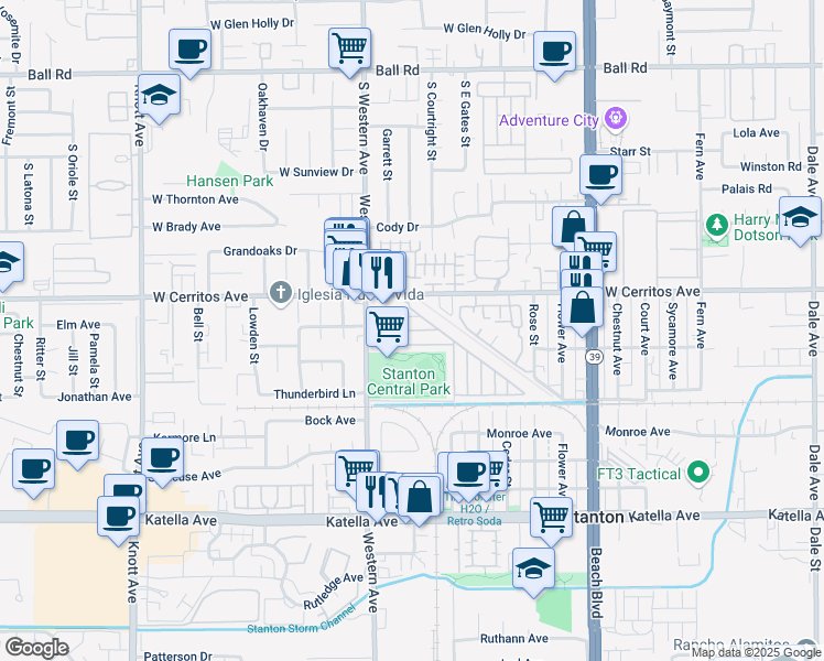 map of restaurants, bars, coffee shops, grocery stores, and more near 10600 Western Avenue in Stanton