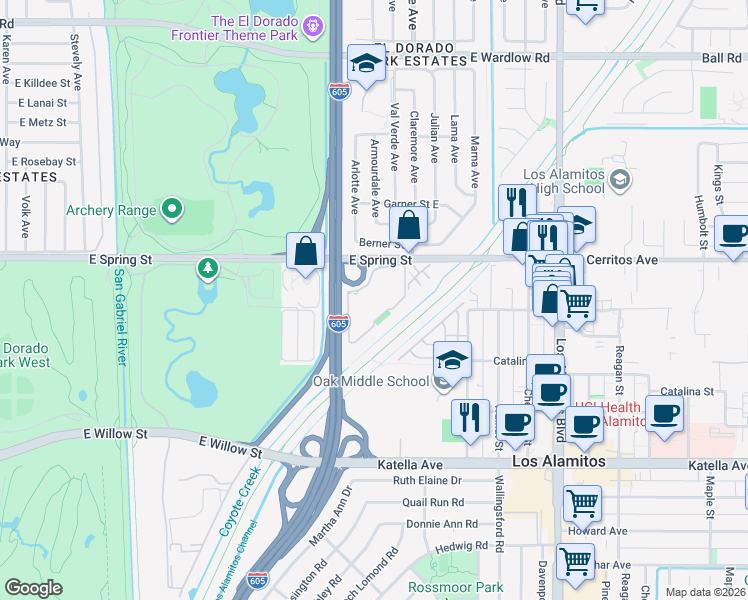 map of restaurants, bars, coffee shops, grocery stores, and more near 7890 East Spring Street in Long Beach