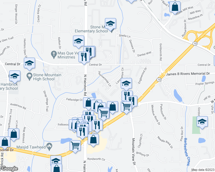 map of restaurants, bars, coffee shops, grocery stores, and more near 1035 Thorn Woode Lane in Stone Mountain