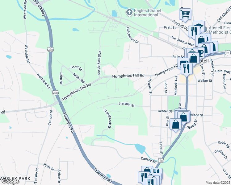 map of restaurants, bars, coffee shops, grocery stores, and more near 5983 Peco Lane in Austell