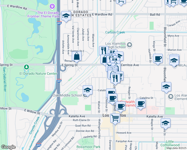 map of restaurants, bars, coffee shops, grocery stores, and more near 10541 Sausalito Court in Los Alamitos