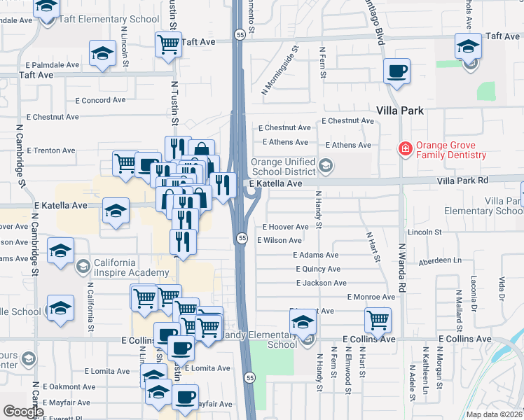 map of restaurants, bars, coffee shops, grocery stores, and more near 1260 North Sacramento Street in Orange