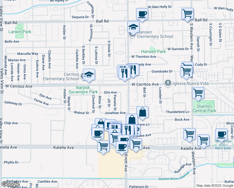 map of restaurants, bars, coffee shops, grocery stores, and more near 10562 Pamela Street in Cypress