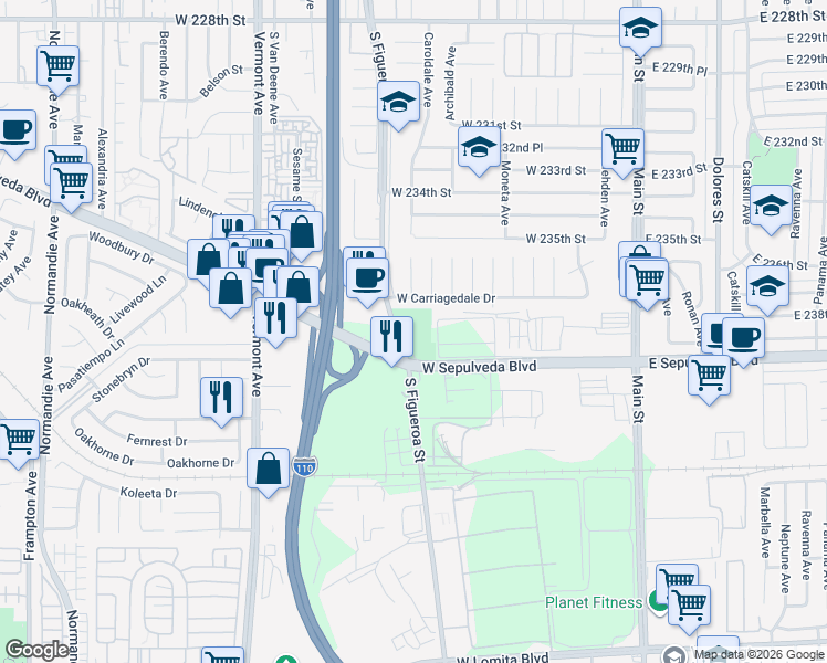map of restaurants, bars, coffee shops, grocery stores, and more near 23800 South Figueroa Street in Carson