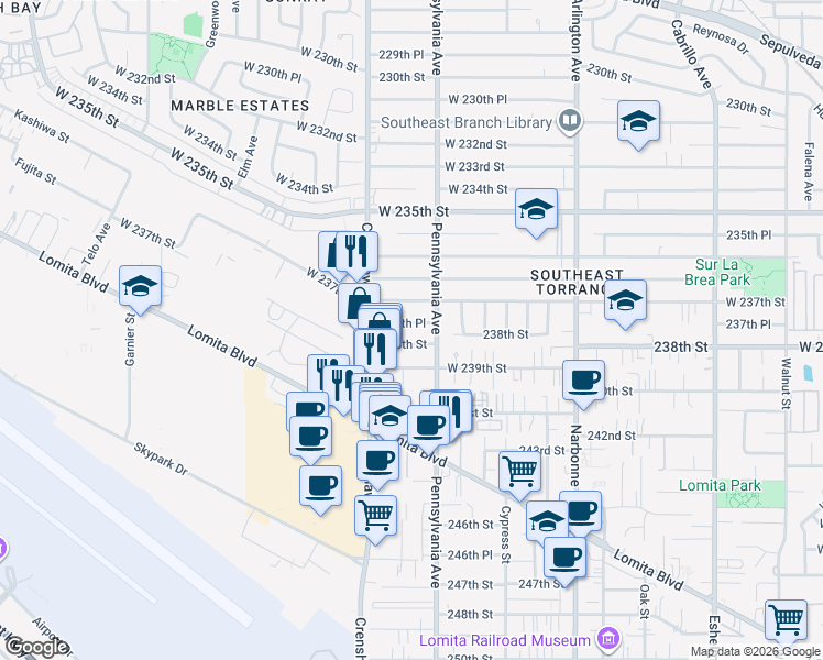 map of restaurants, bars, coffee shops, grocery stores, and more near 2432 237th Place in Torrance