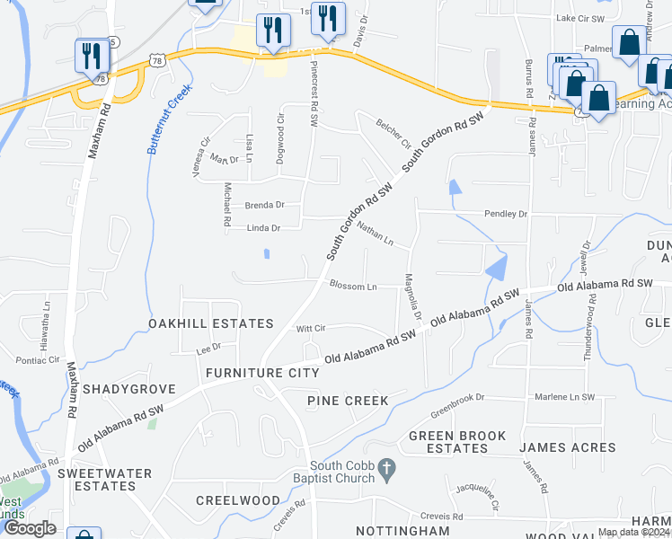 map of restaurants, bars, coffee shops, grocery stores, and more near 5971 South Gordon Road Southwest in Austell