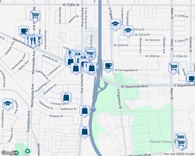 map of restaurants, bars, coffee shops, grocery stores, and more near 840 West Sepulveda Boulevard in West Carson
