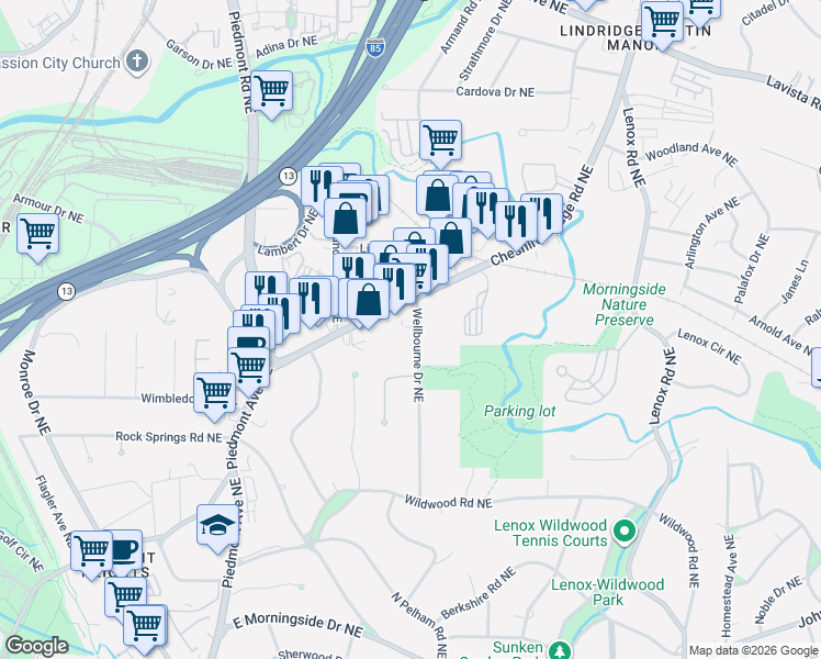 map of restaurants, bars, coffee shops, grocery stores, and more near 1969 Wellbourne Drive Northeast in Atlanta