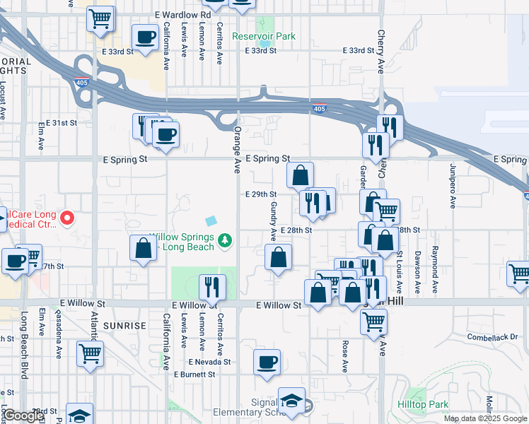 map of restaurants, bars, coffee shops, grocery stores, and more near 2859 Gundry Avenue in Signal Hill
