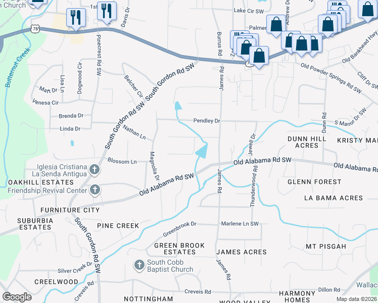 map of restaurants, bars, coffee shops, grocery stores, and more near 1588 Corona Drive in Austell