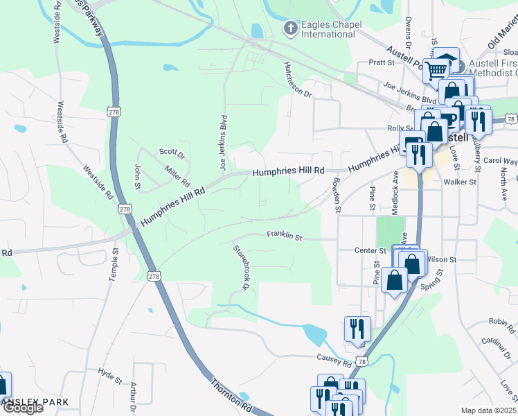 map of restaurants, bars, coffee shops, grocery stores, and more near 5993 Peco Lane in Austell