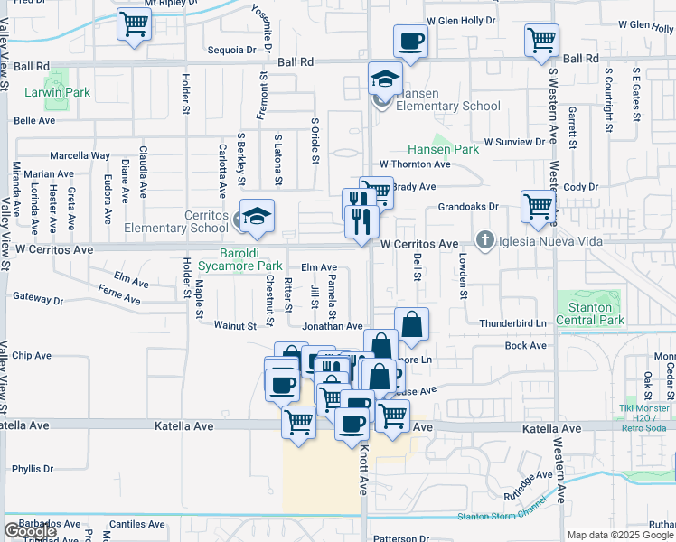 map of restaurants, bars, coffee shops, grocery stores, and more near 10562 Pamela Street in Cypress