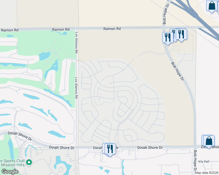 map of restaurants, bars, coffee shops, grocery stores, and more near Del Webb Way in Rancho Mirage