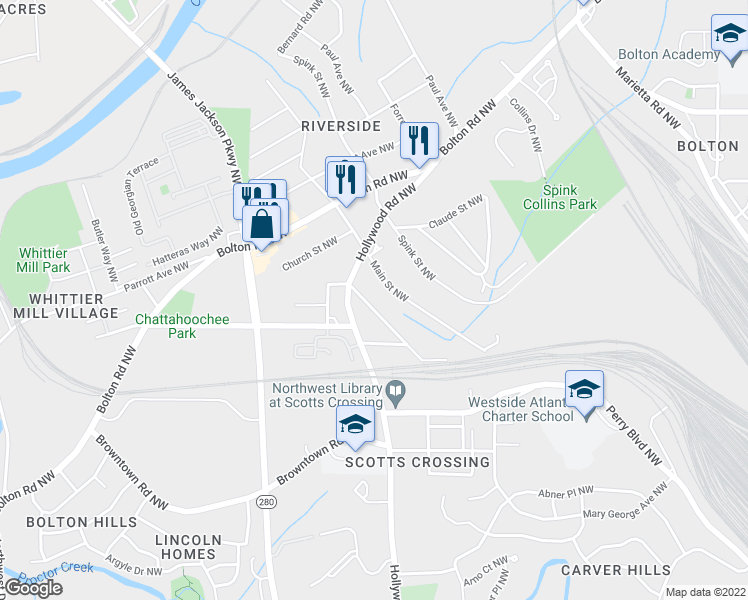 map of restaurants, bars, coffee shops, grocery stores, and more near 1949 Felker Ward Street Northwest in Atlanta