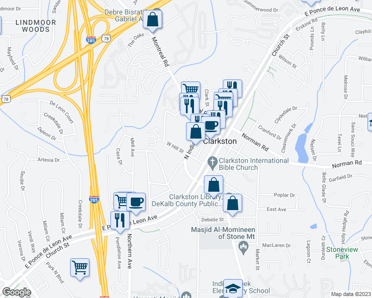map of restaurants, bars, coffee shops, grocery stores, and more near 3586 West Hill Street in Clarkston
