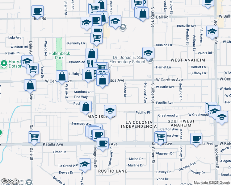 map of restaurants, bars, coffee shops, grocery stores, and more near 9155 Pacific Avenue in Anaheim