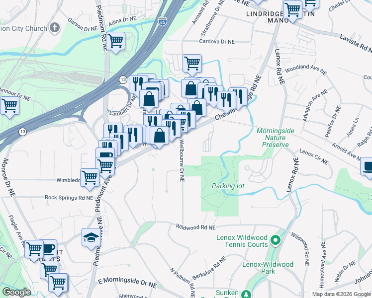 map of restaurants, bars, coffee shops, grocery stores, and more near 1995 Wellbourne Dr NE in Atlanta